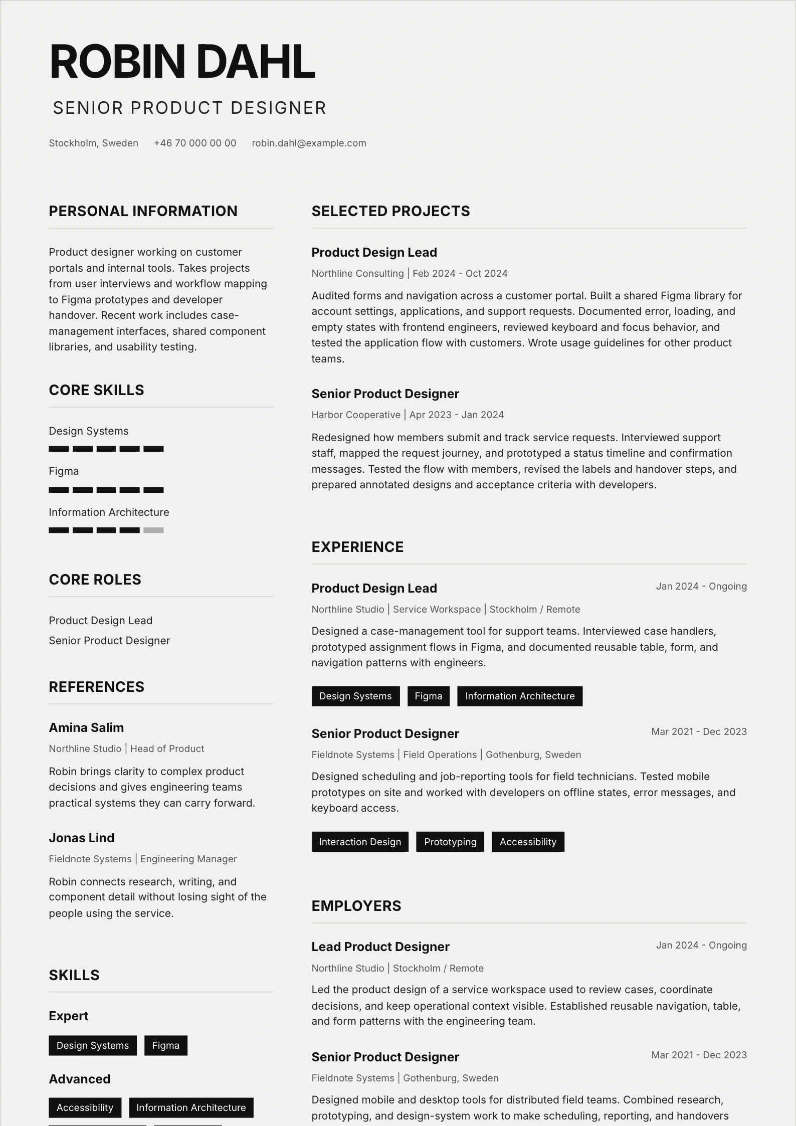 Editorial resume template featuring fictional candidate Robin Dahl.