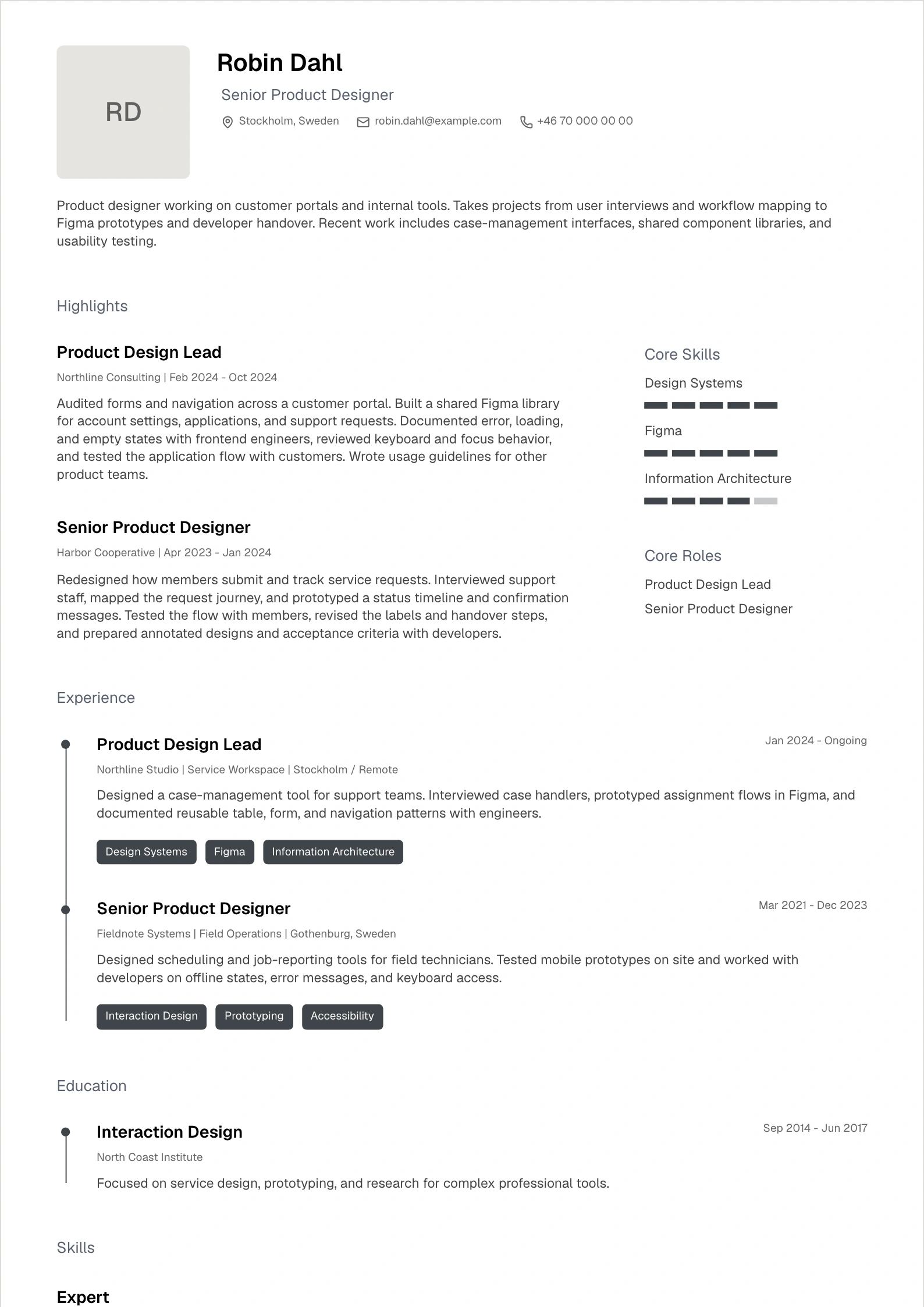 Standard resume template featuring fictional candidate Robin Dahl.