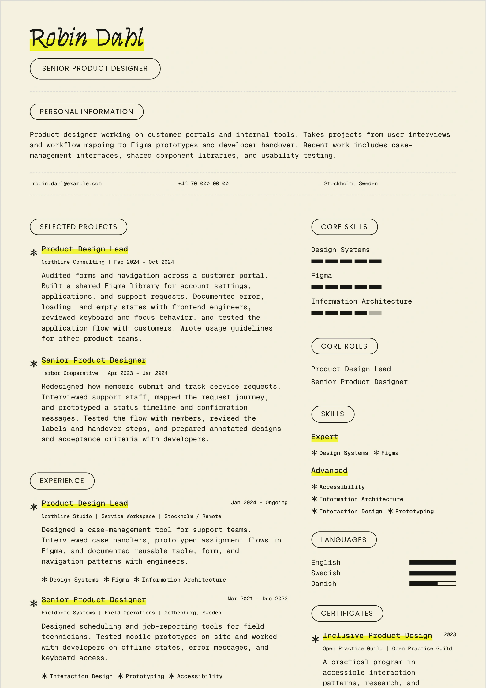 Studio resume template featuring fictional candidate Robin Dahl.